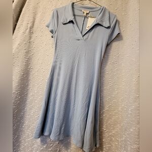 Light Blue Ribbed Polo A-Line Mini Dress